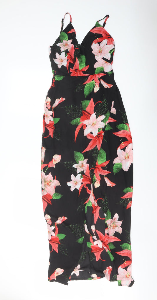 Girl in Mind Womens Black Floral Polyester Shift Size 8 V-Neck Zip
