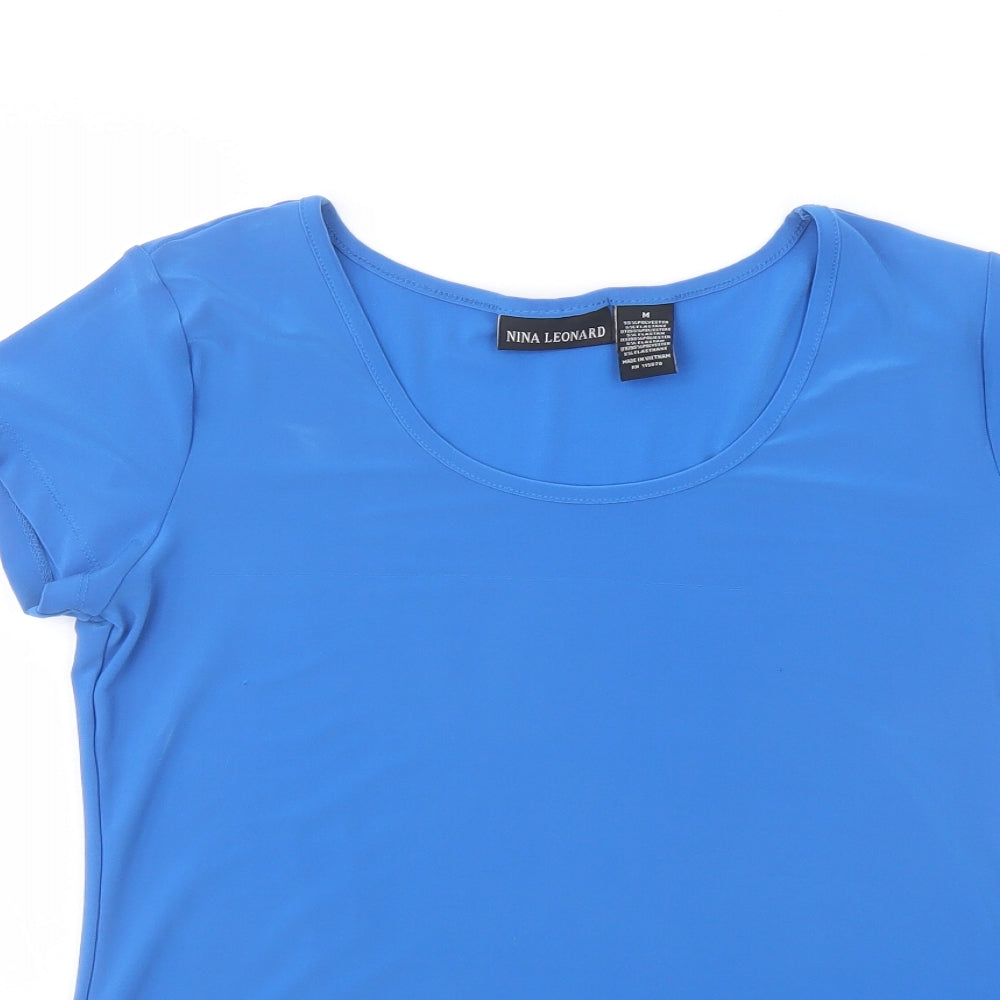 Nina Leonard Womens Blue Polyester Basic T-Shirt Size M Round Neck