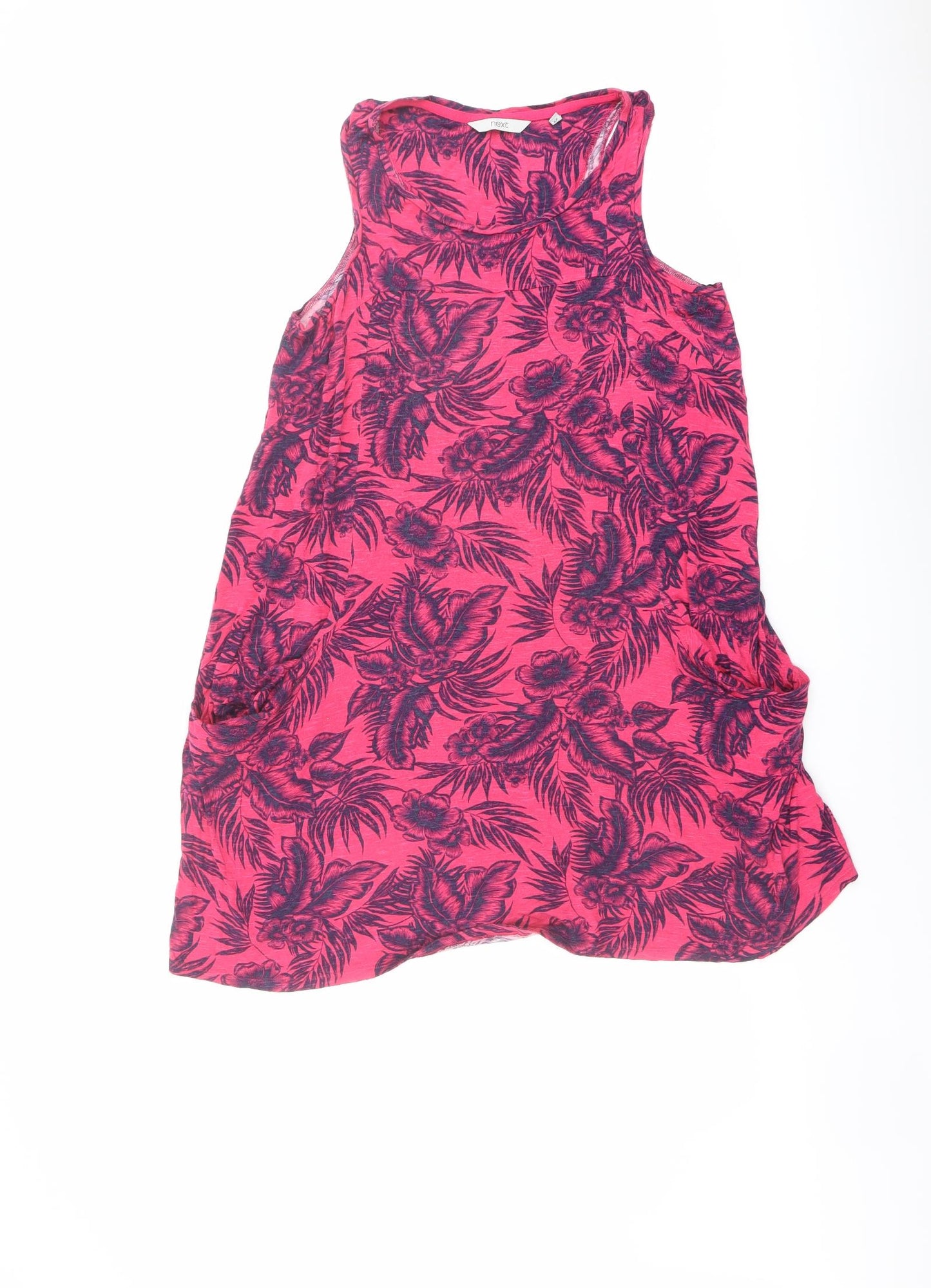 NEXT Womens Pink Geometric Viscose Tank Dress Size 14 Round Neck Pullover - Floral and Leaves