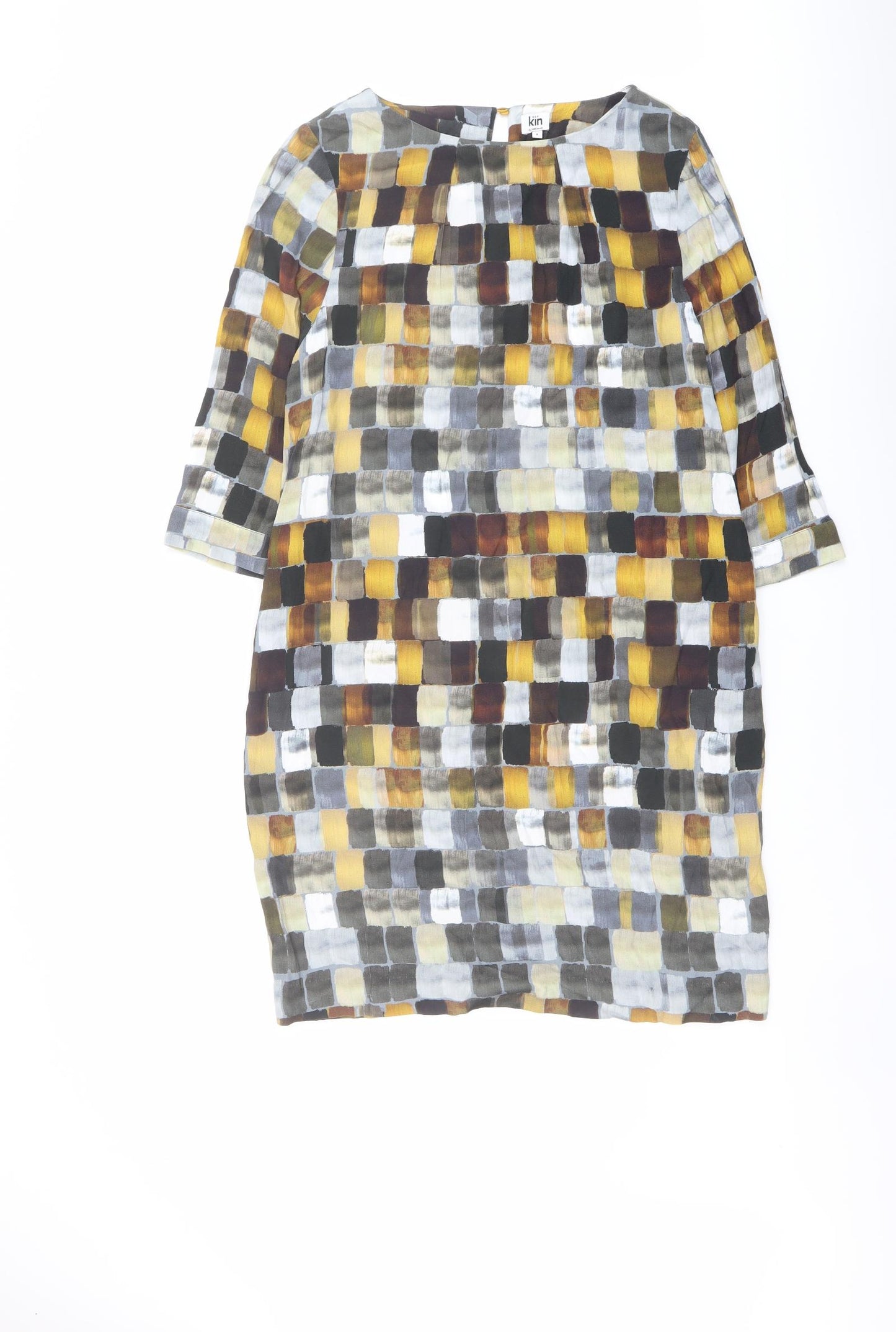 John Lewis Womens Multicoloured Geometric Viscose A-Line Size 8 Round Neck Button