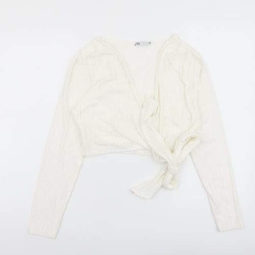 Zara Womens Ivory Polyester Cropped Blouse Size M V-Neck