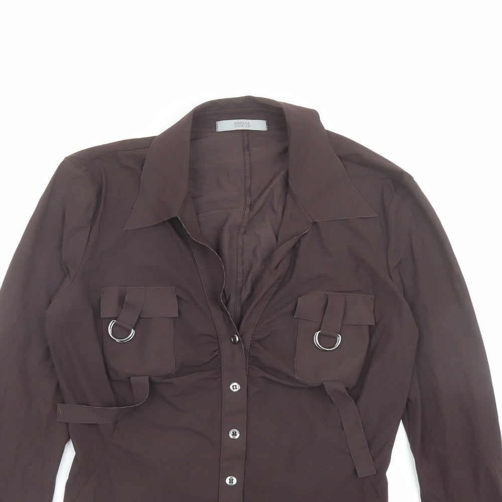 Marks and Spencer Womens Brown Polyamide Cropped Button-Up Size 10 V-Neck