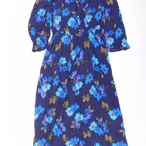 Marks and Spencer Womens Blue Floral Polyester A-Line Size 10 V-Neck Pullover