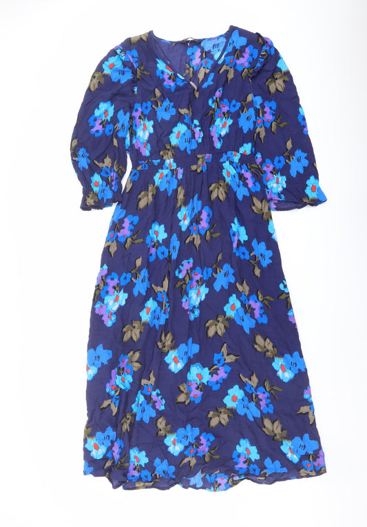 Marks and Spencer Womens Blue Floral Polyester A-Line Size 10 V-Neck Pullover