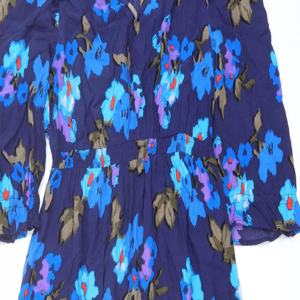 Marks and Spencer Womens Blue Floral Polyester A-Line Size 10 V-Neck Pullover