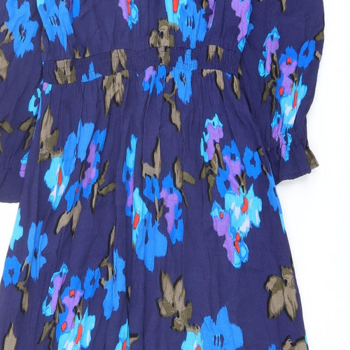 Marks and Spencer Womens Blue Floral Polyester A-Line Size 10 V-Neck Pullover