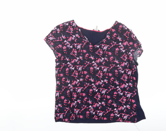Joules Womens Multicoloured Floral Viscose Basic T-Shirt Size 16 V-Neck