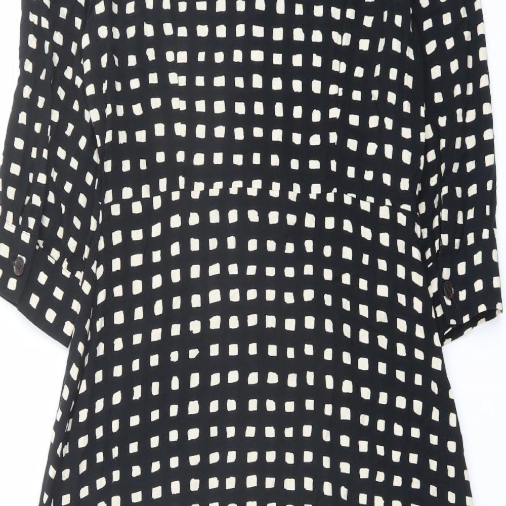 Warehouse Womens Black Geometric Viscose Shirt Dress Size 12 V-Neck Button