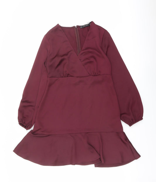 Zara Womens Purple Polyester A-Line Size S V-Neck Zip