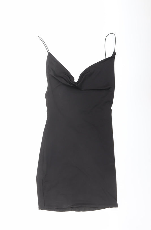 PRETTYLITTLETHING Womens Black Polyester Tank Dress Size 8 Cowl Neck Pullover - Open Back