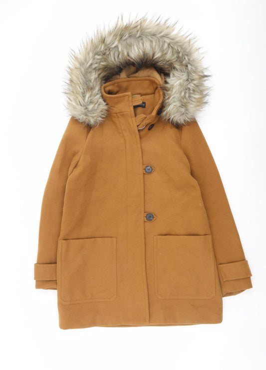 Zara Womens Brown Overcoat Coat Size S Zip - Fuax Fur Trim