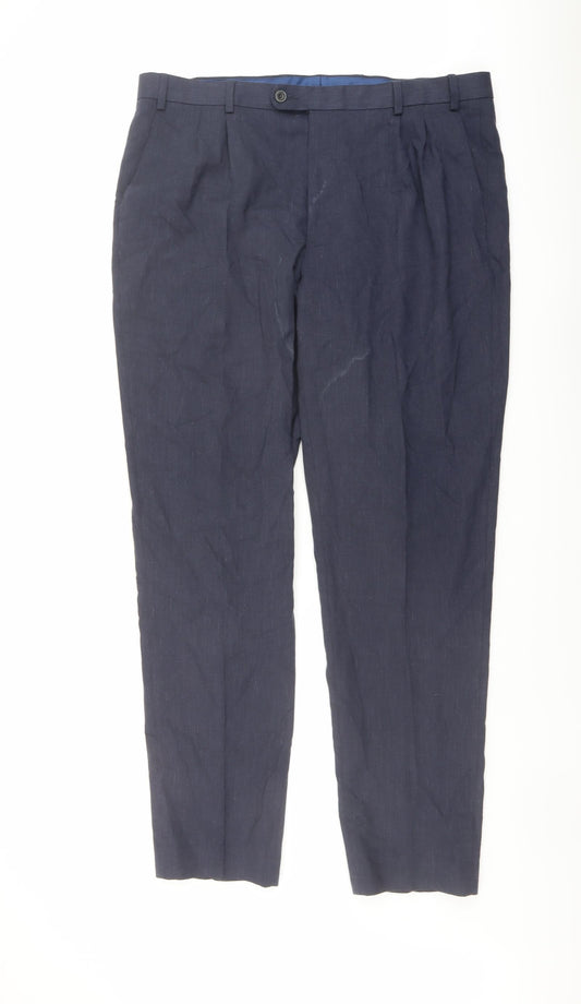 Marks and Spencer Mens Blue Linen Trousers Size 38 in L31 in Regular Button