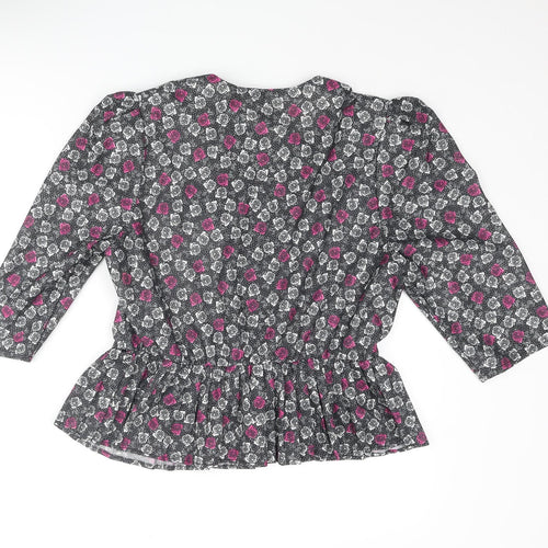 Debenhams Womens Black Floral Polyester Basic Button-Up Size 16 Round Neck