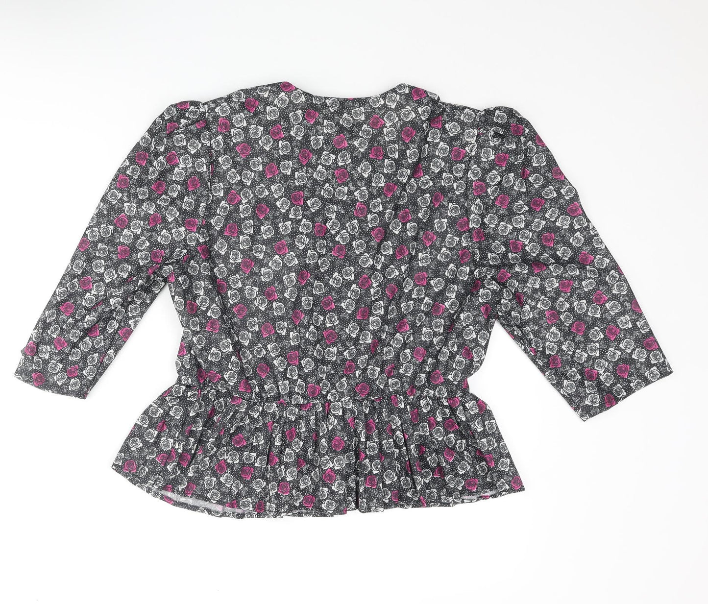 Debenhams Womens Black Floral Polyester Basic Button-Up Size 16 Round Neck