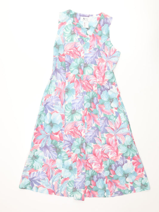 Alexa Womens Multicoloured Floral Polyester A-Line Size 12 V-Neck Button