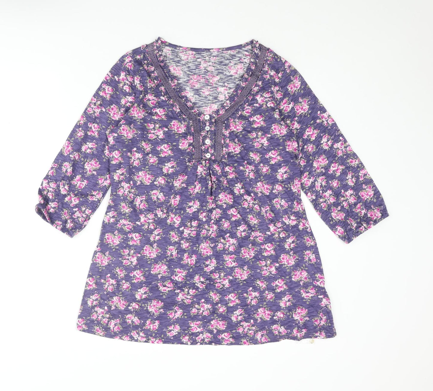 BHS Womens Purple Floral Cotton Tunic Blouse Size 10 V-Neck