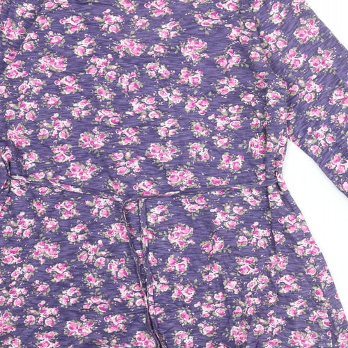 BHS Womens Purple Floral Cotton Tunic Blouse Size 10 V-Neck