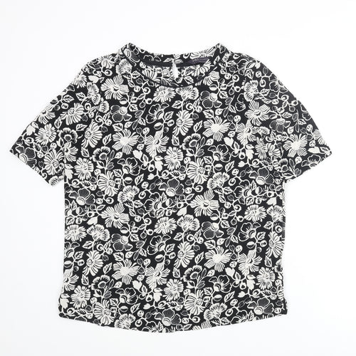 Marks and Spencer Womens Black Floral Polyester Basic Blouse Size 10 Crew Neck