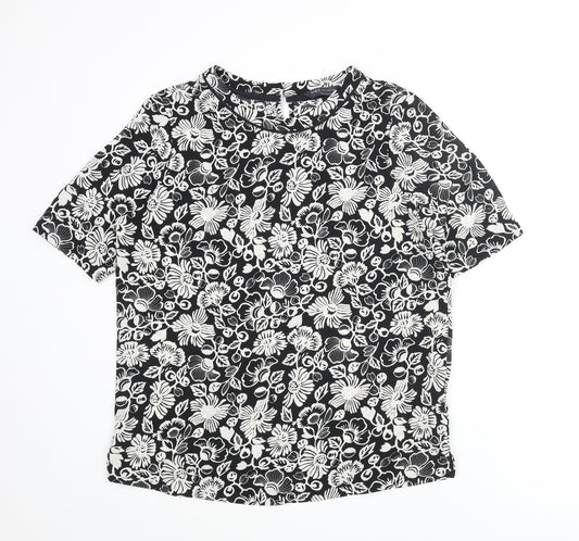 Marks and Spencer Womens Black Floral Polyester Basic Blouse Size 10 Crew Neck