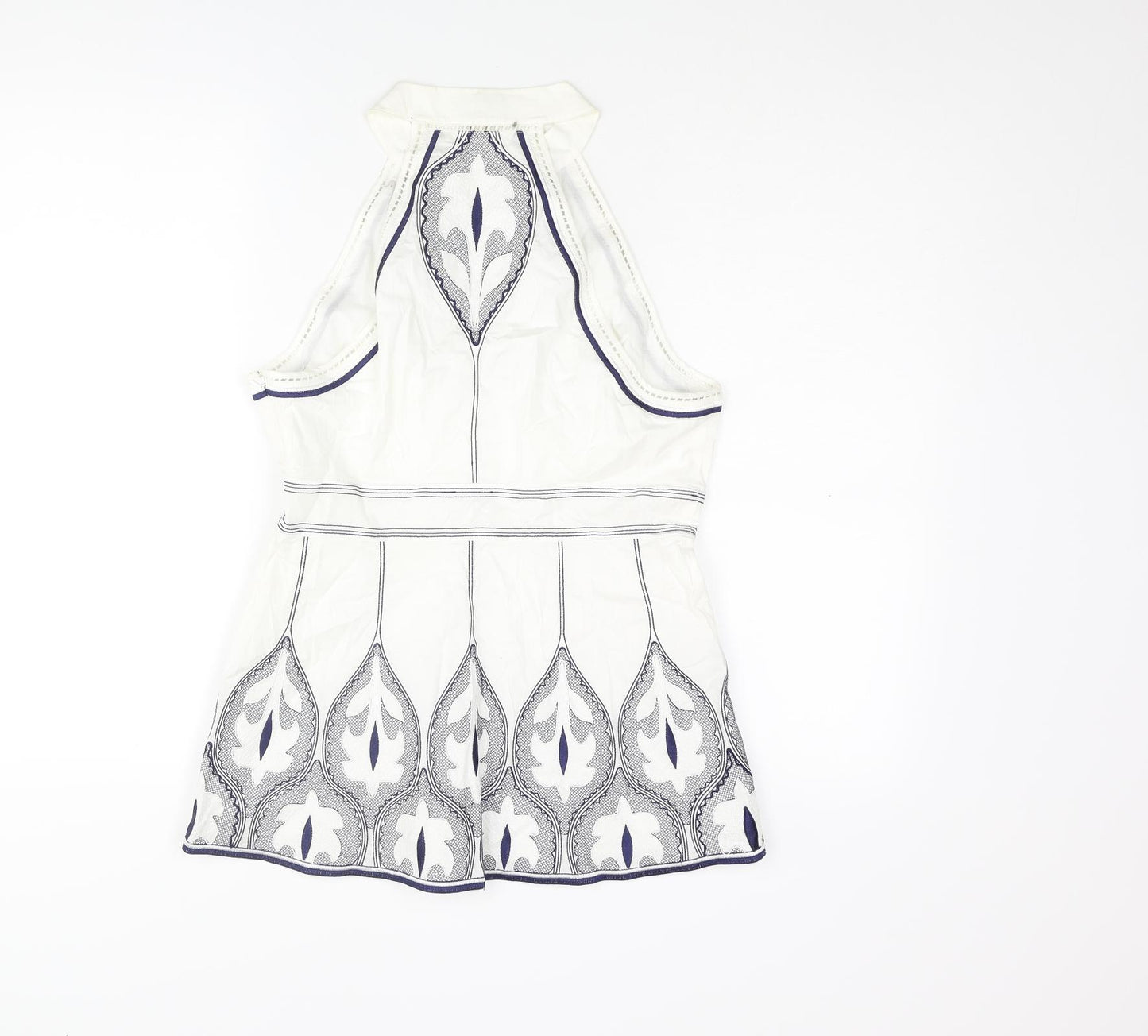 Karen Millen Womens White Geometric Cotton Cropped Blouse Size 12 V-Neck