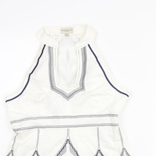 Karen Millen Womens White Geometric Cotton Cropped Blouse Size 12 V-Neck