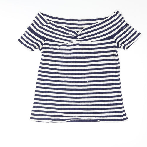 Warehouse Womens Blue Striped Viscose Basic T-Shirt Size 14 Off the Shoulder