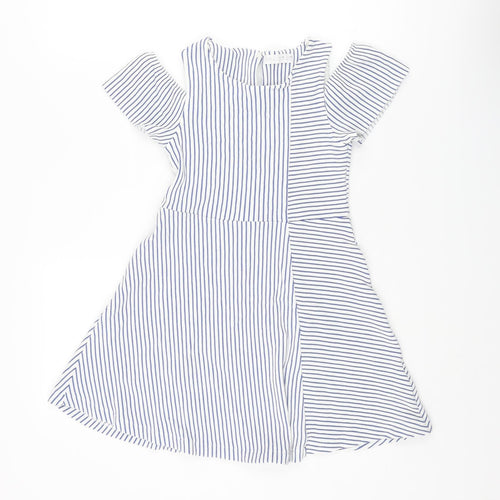 Zara Girls Blue Striped Cotton A-Line Size 10 Years Round Neck Button - Cold Shoulder