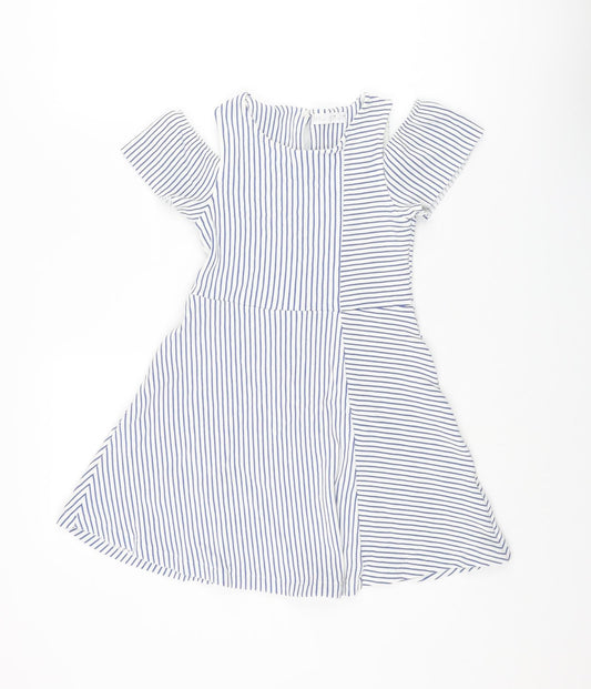 Zara Girls Blue Striped Cotton A-Line Size 10 Years Round Neck Button - Cold Shoulder