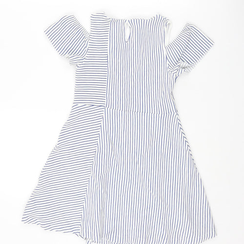 Zara Girls Blue Striped Cotton A-Line Size 10 Years Round Neck Button - Cold Shoulder