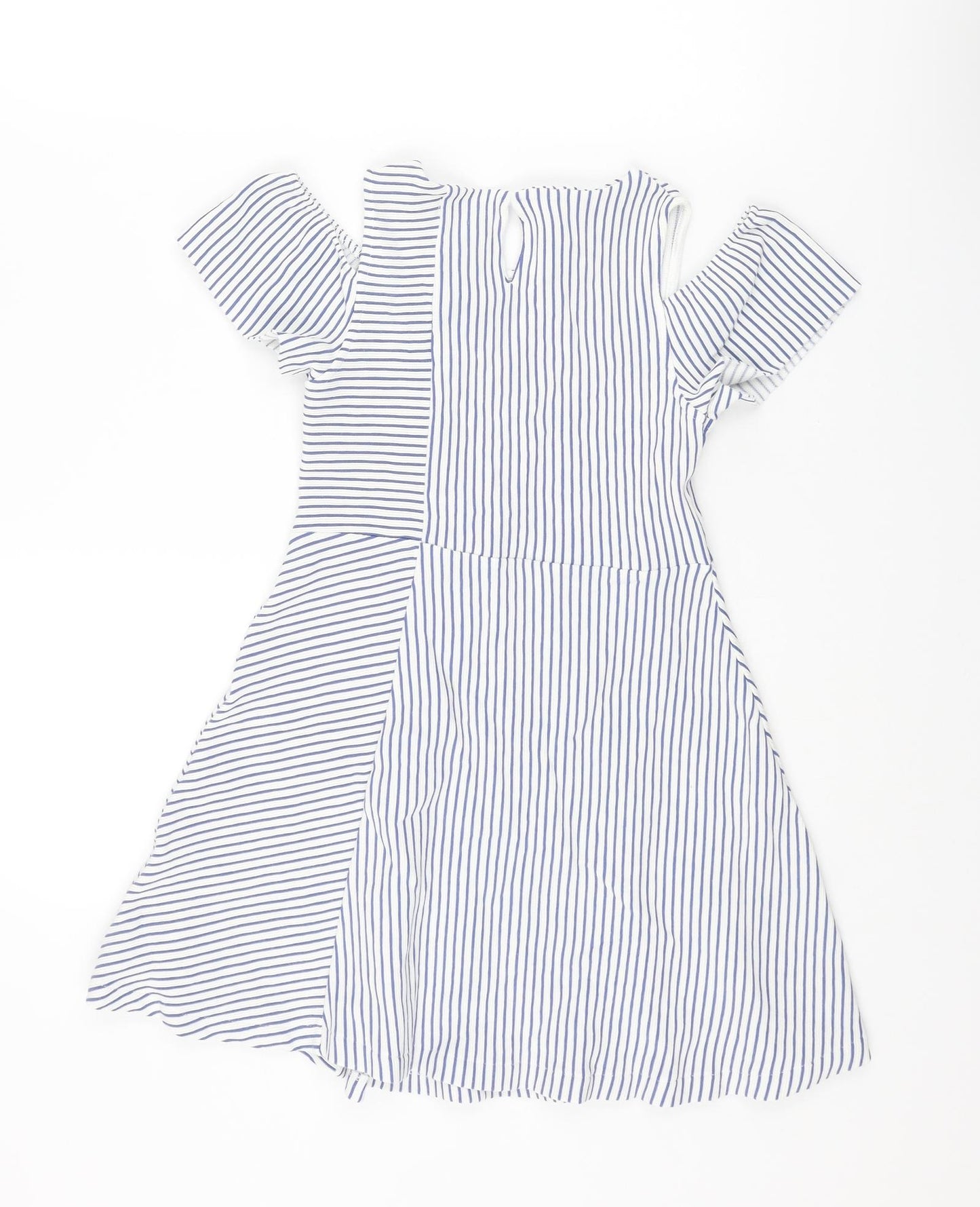 Zara Girls Blue Striped Cotton A-Line Size 10 Years Round Neck Button - Cold Shoulder