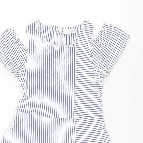 Zara Girls Blue Striped Cotton A-Line Size 10 Years Round Neck Button - Cold Shoulder