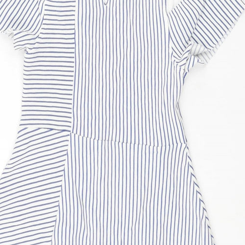 Zara Girls Blue Striped Cotton A-Line Size 10 Years Round Neck Button - Cold Shoulder