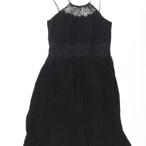 LK Bennet Womens Black Silk A-Line Size 10 Round Neck Zip - Lace Detail