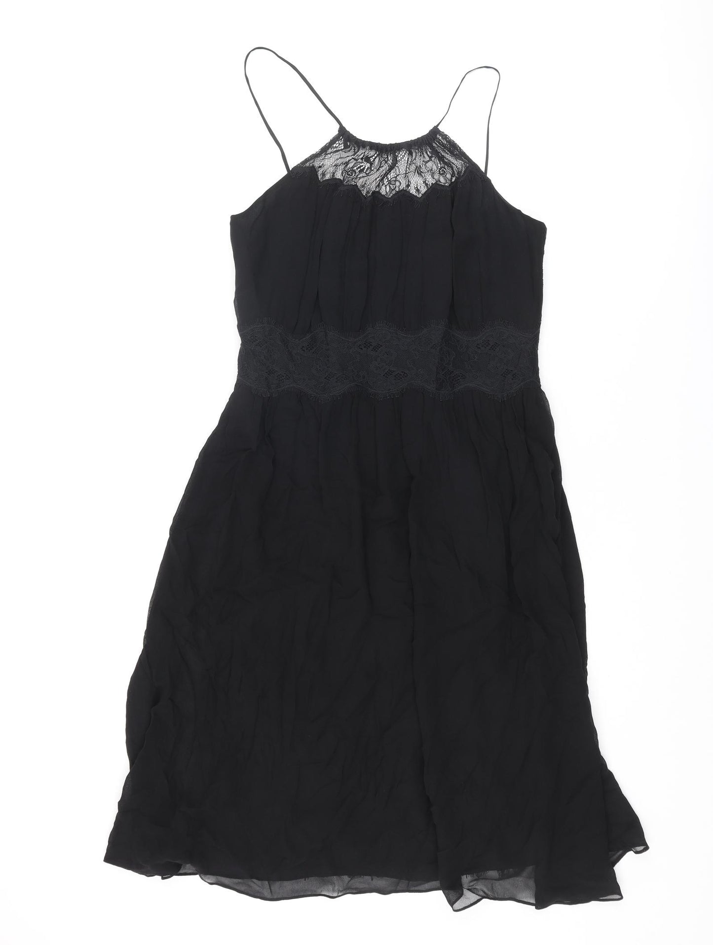 LK Bennet Womens Black Silk A-Line Size 10 Round Neck Zip - Lace Detail