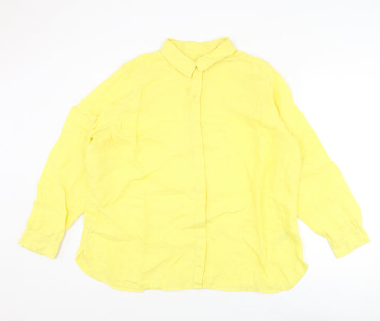 Marks and Spencer Womens Yellow Linen Basic Button-Up Size 20 Collared