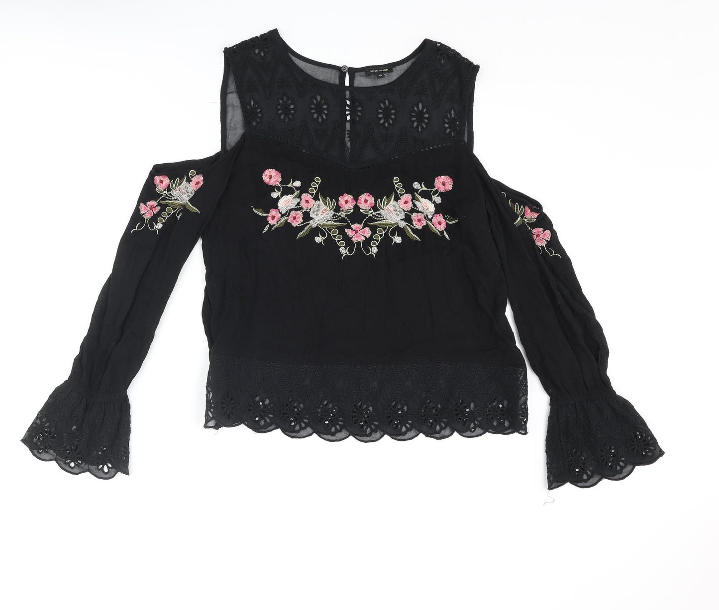 River Island Womens Black Viscose Basic Blouse Size 10 Round Neck - Flower Detail Cold Shoulder