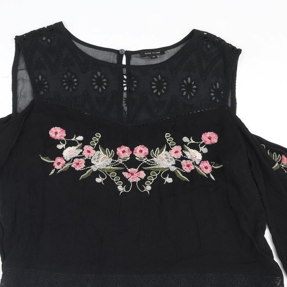 River Island Womens Black Viscose Basic Blouse Size 10 Round Neck - Flower Detail Cold Shoulder