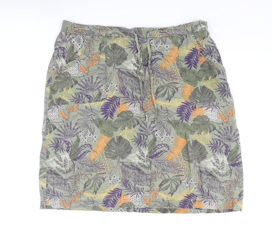 EWM Womens Multicoloured Geometric Linen A-Line Skirt Size 18 Drawstring - Leaf pattern