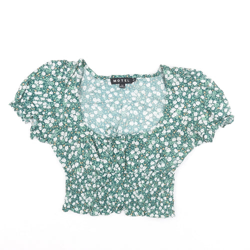 Motel Womens Green Floral Viscose Cropped T-Shirt Size XS Scoop Neck