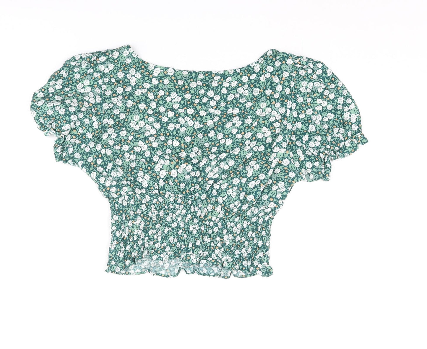 Motel Womens Green Floral Viscose Cropped T-Shirt Size XS Scoop Neck