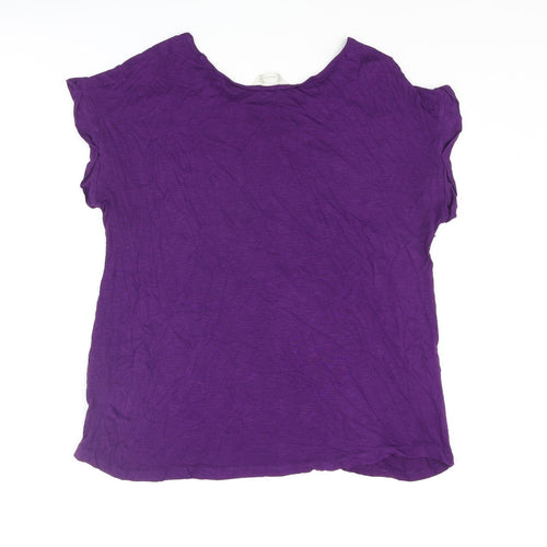 BHS Womens Purple Floral Viscose Basic T-Shirt Size 14 Round Neck