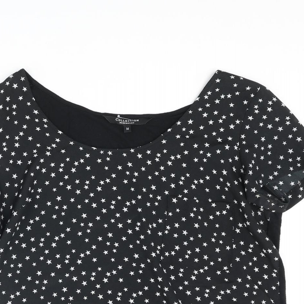 Debenhams Womens Black Geometric Polyester Basic T-Shirt Size 14 Round Neck - Star Pattern