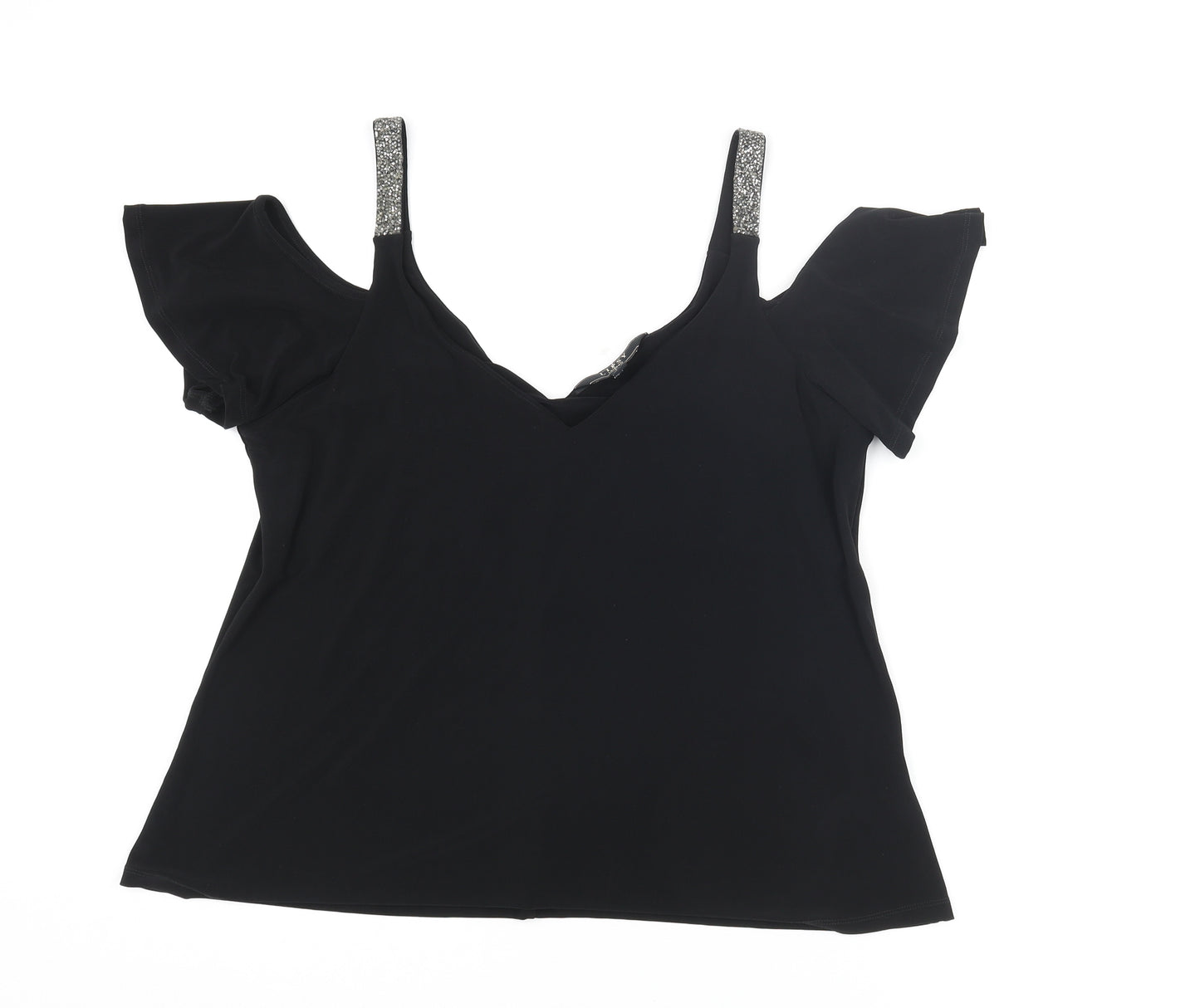 Lipsy Womens Black Polyester Camisole T-Shirt Size 14 V-Neck - Cold Shoulder Glitter Straps