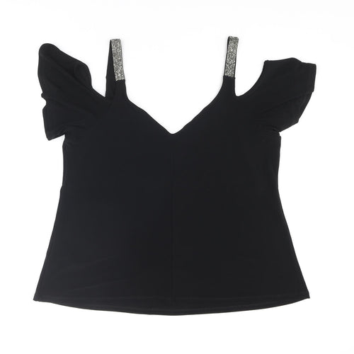 Lipsy Womens Black Polyester Camisole T-Shirt Size 14 V-Neck - Cold Shoulder Glitter Straps