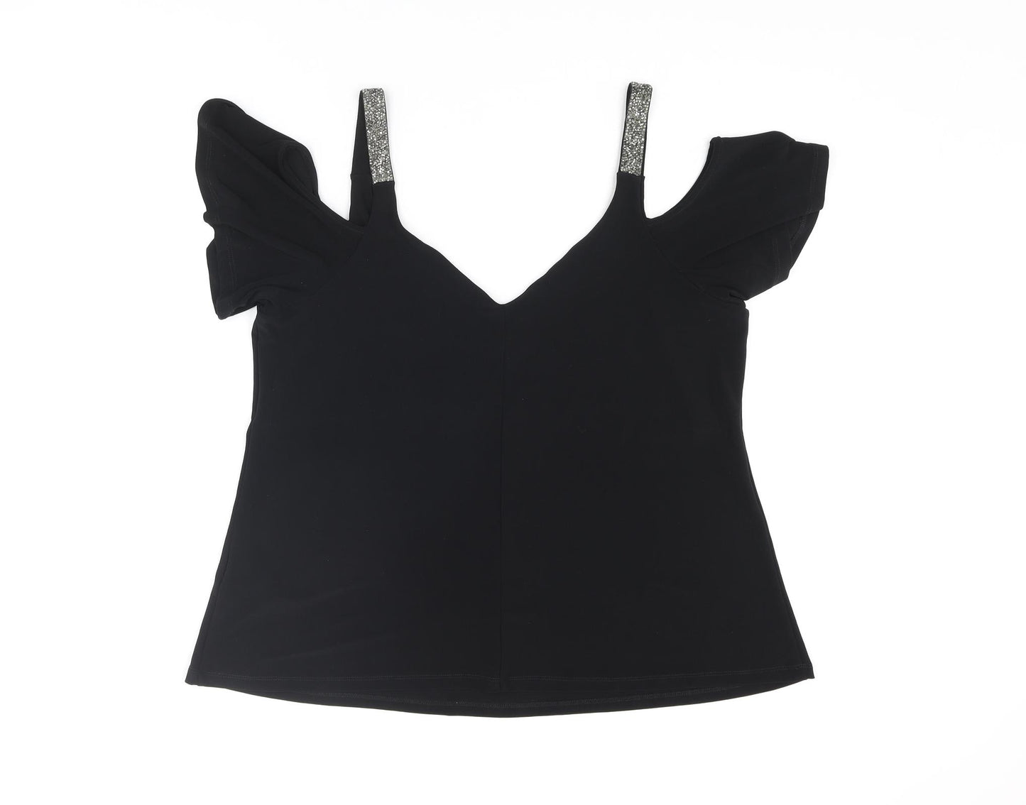 Lipsy Womens Black Polyester Camisole T-Shirt Size 14 V-Neck - Cold Shoulder Glitter Straps