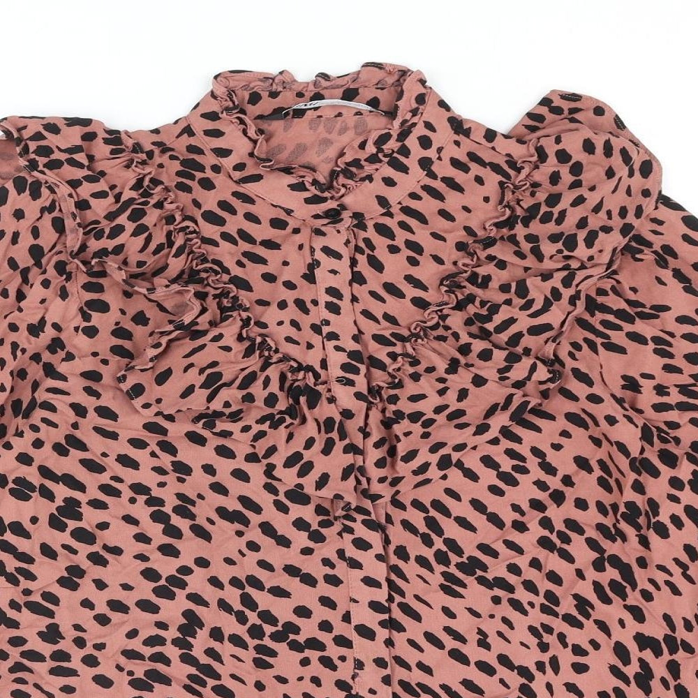 Zara Womens Pink Animal Print Viscose Basic Button-Up Size M High Neck