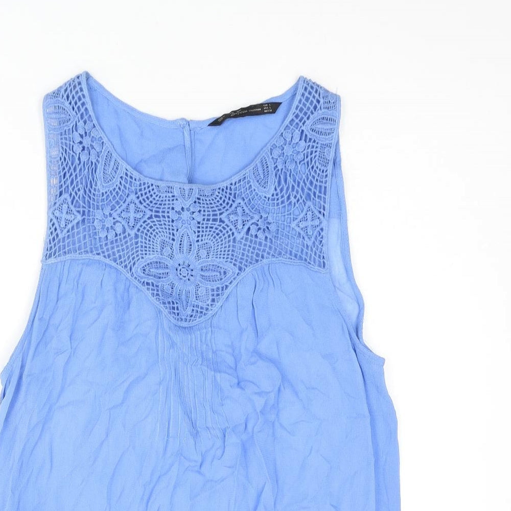 Zara Womens Blue Polyester Basic Tank Size L Round Neck - Crochet Detail