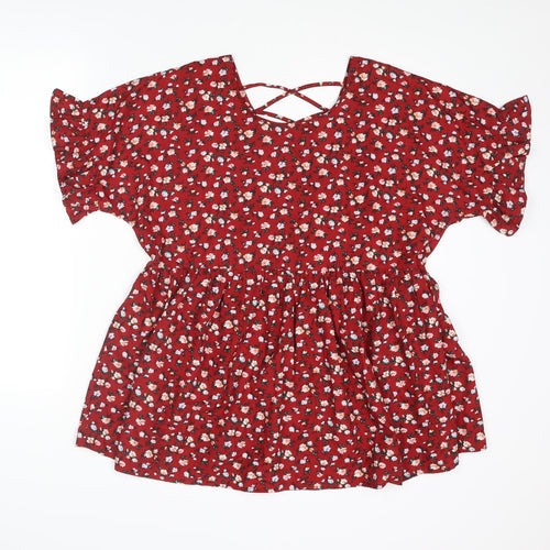 Boohoo Womens Red Floral Polyester Basic Blouse Size 14 V-Neck