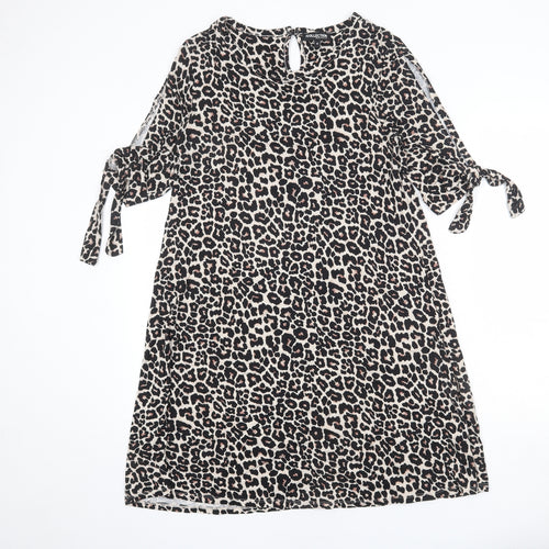 Debenhams Womens Beige Animal Print Viscose A-Line Size 14 Round Neck Button - Cold Shoulder, Leopard Print