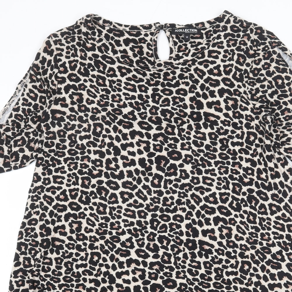 Debenhams Womens Beige Animal Print Viscose A-Line Size 14 Round Neck Button - Cold Shoulder, Leopard Print